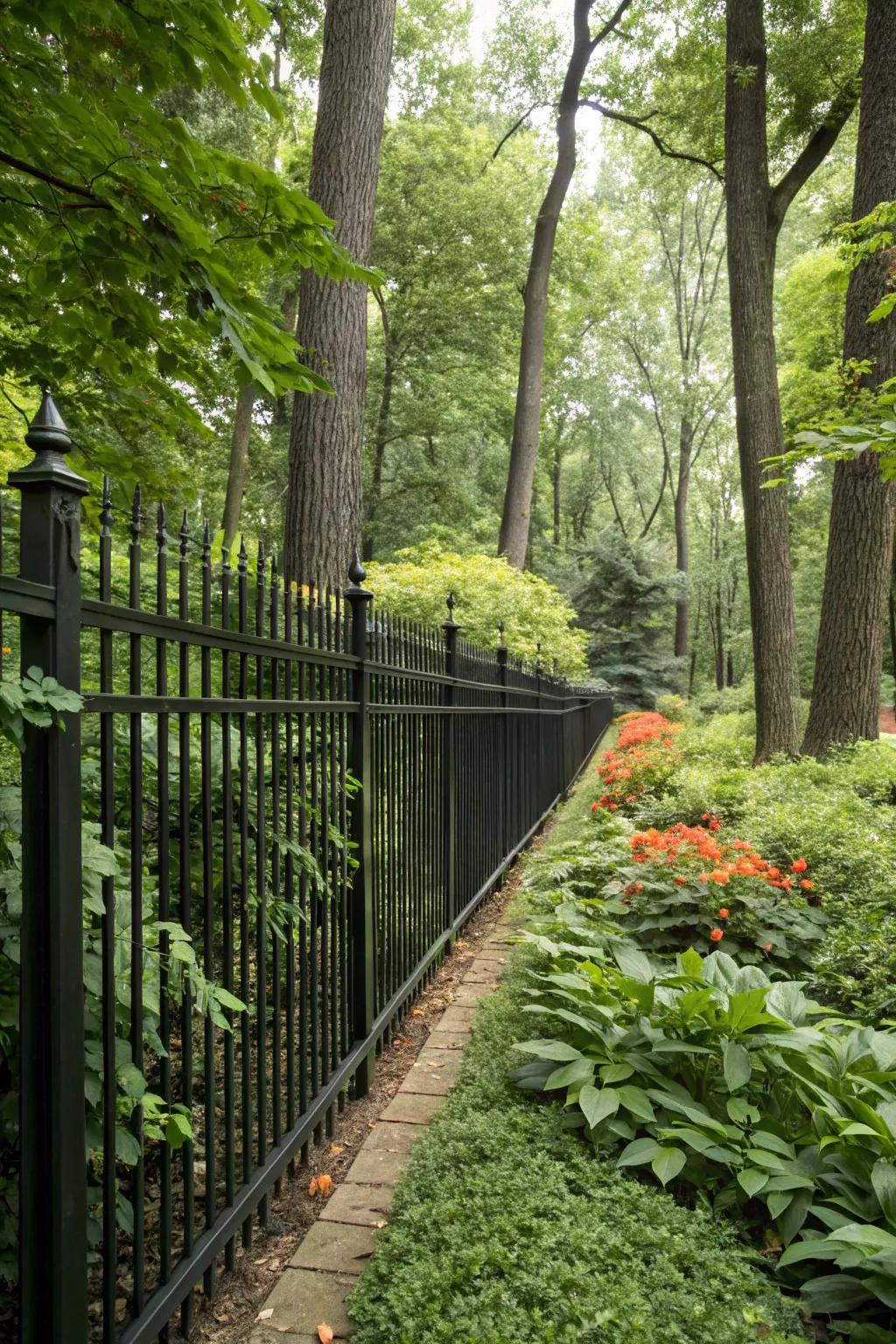 The striking scene of a black fence against lush greenery.