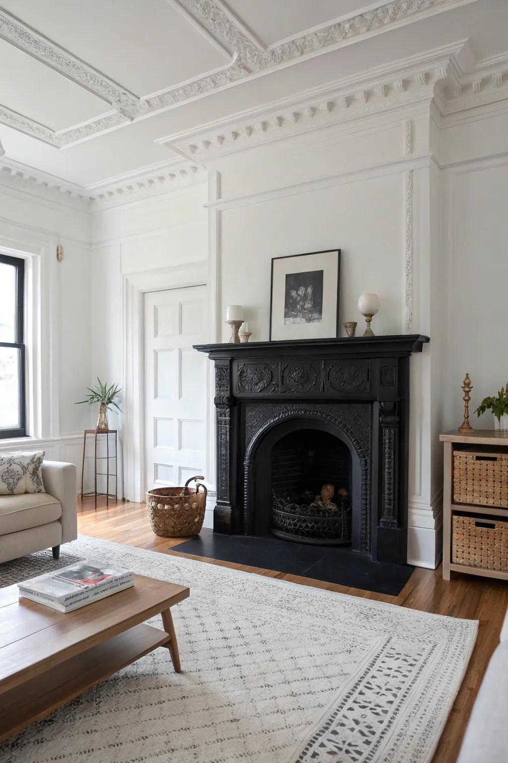 Create a stunning contrast by pairing a black fireplace with white walls.