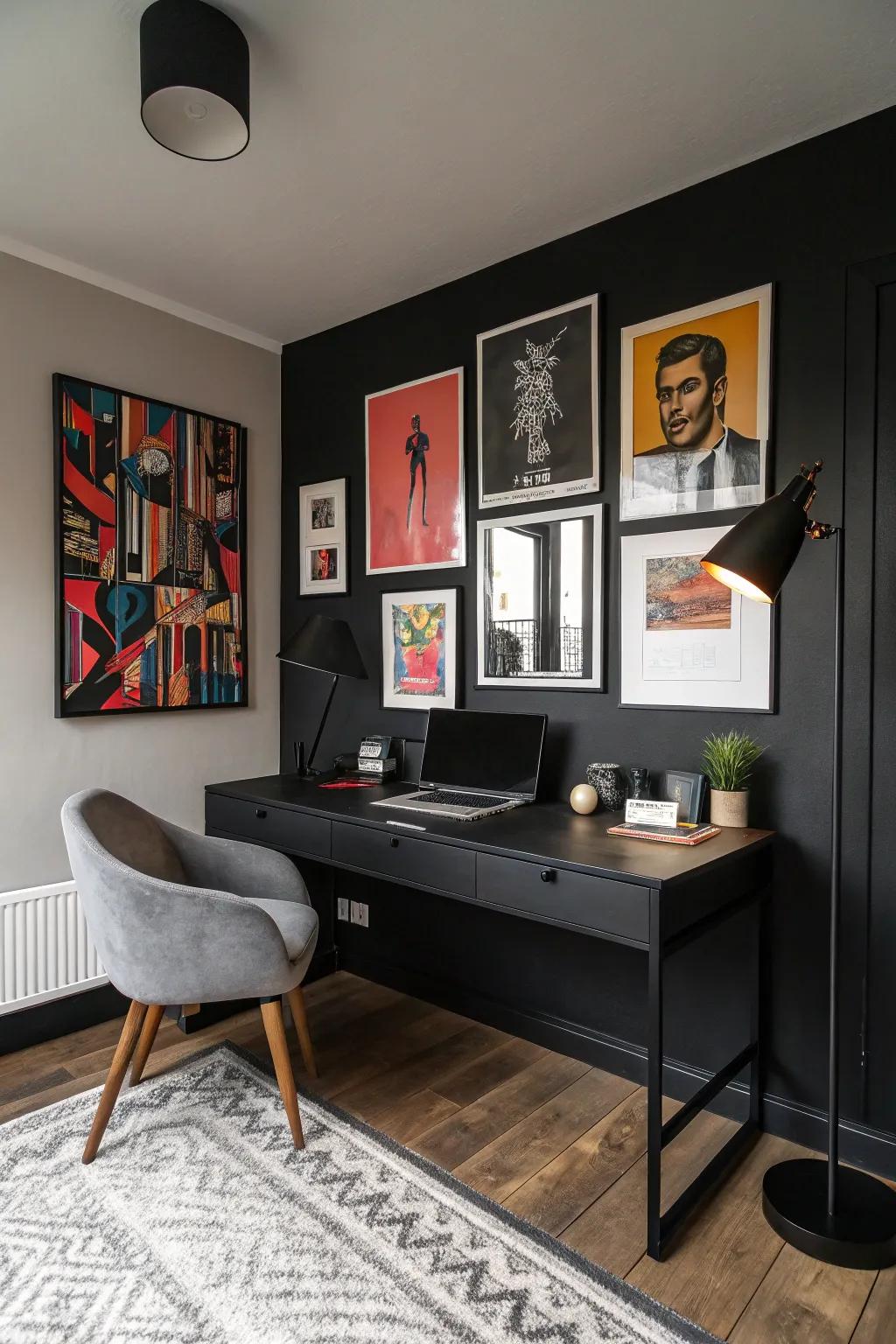 A personalized home office featuring striking artwork.