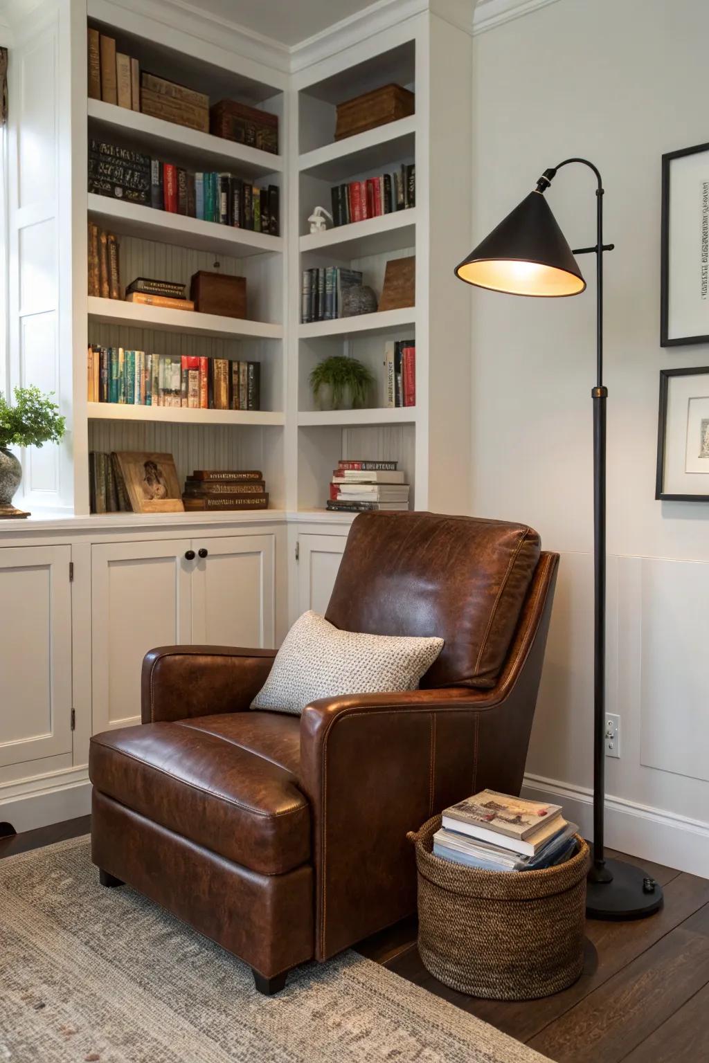 A cozy reading nook offers a serene retreat within the living room.