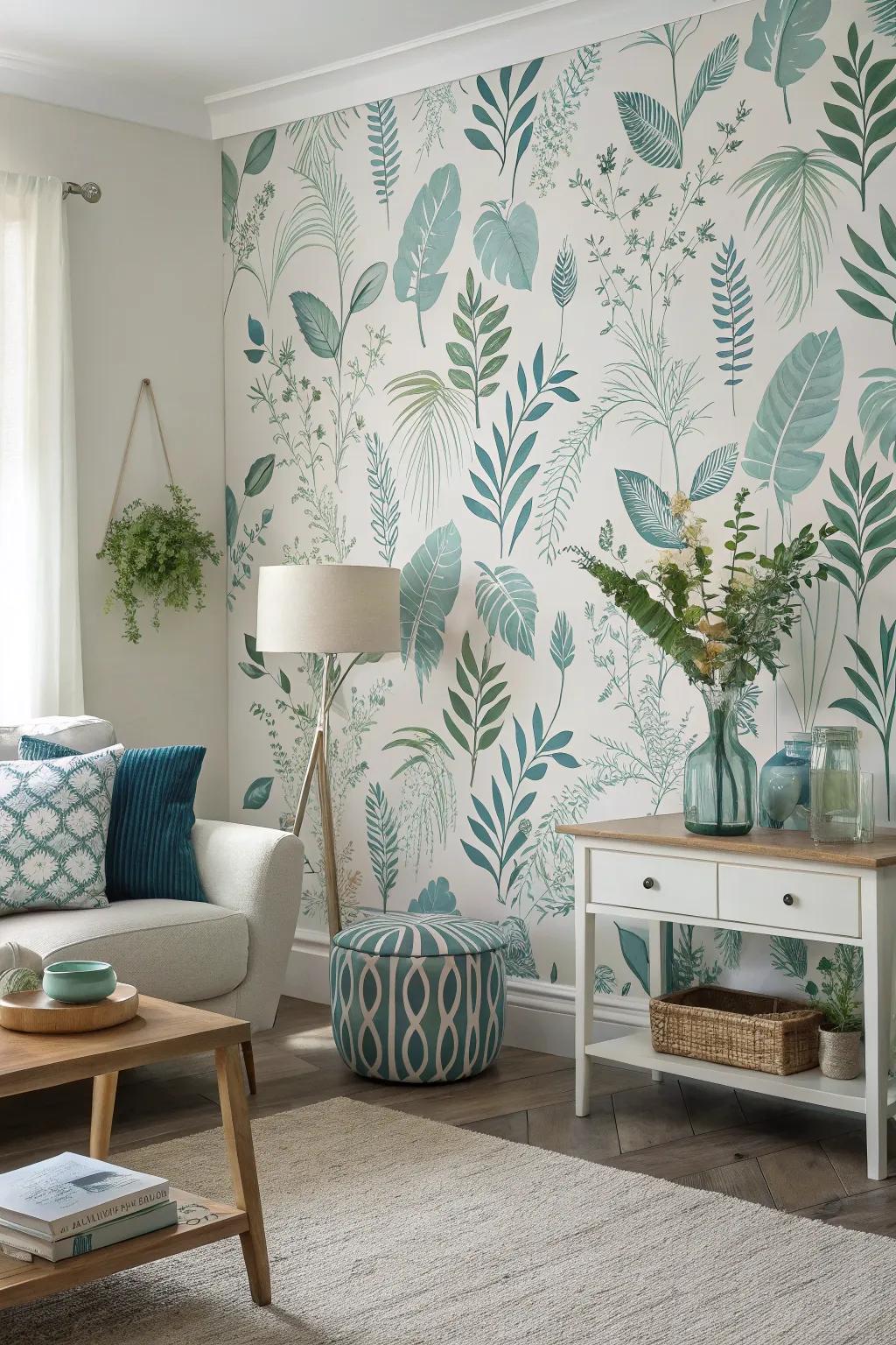Botanical wallpaper crafts an energetic and lively backdrop.