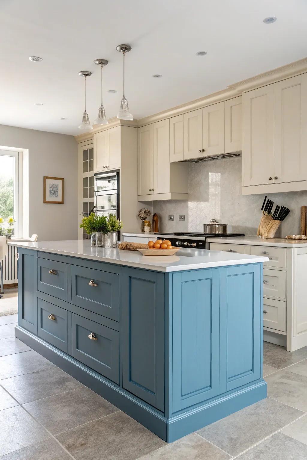 A striking blue island commands attention in this kitchen.