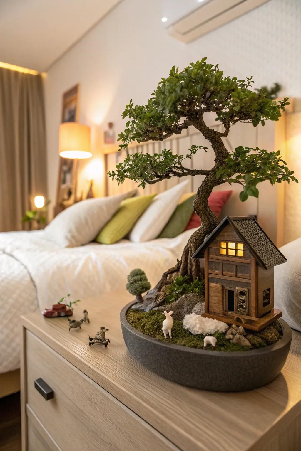 Bonsai with miniature figurines adding a whimsical touch