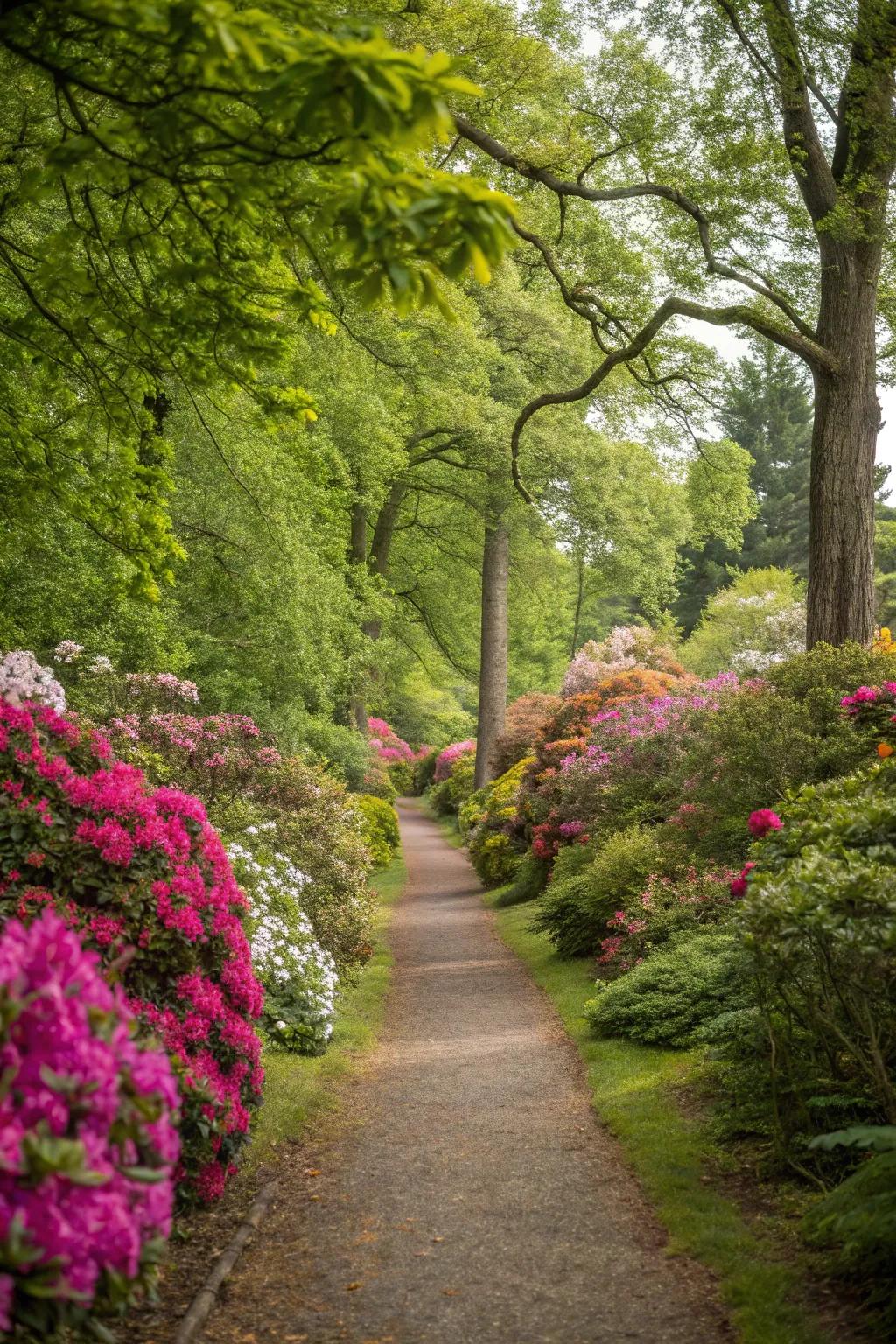 A scenic garden path framed by lush greenery.