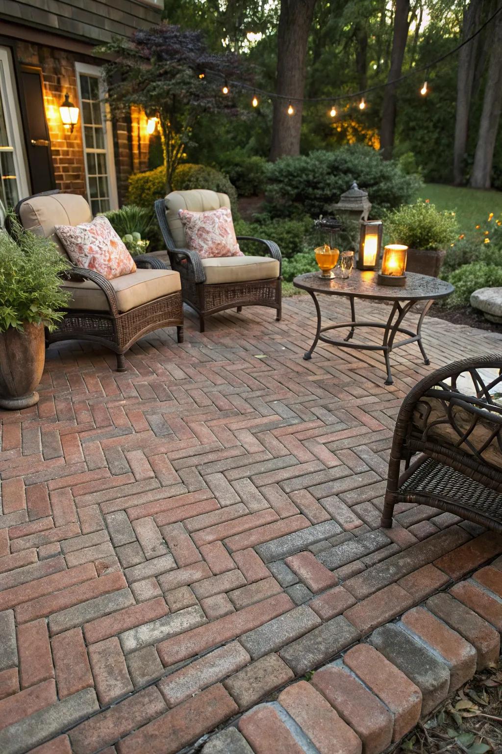 The basketweave pattern adds classic charm to any brick patio.