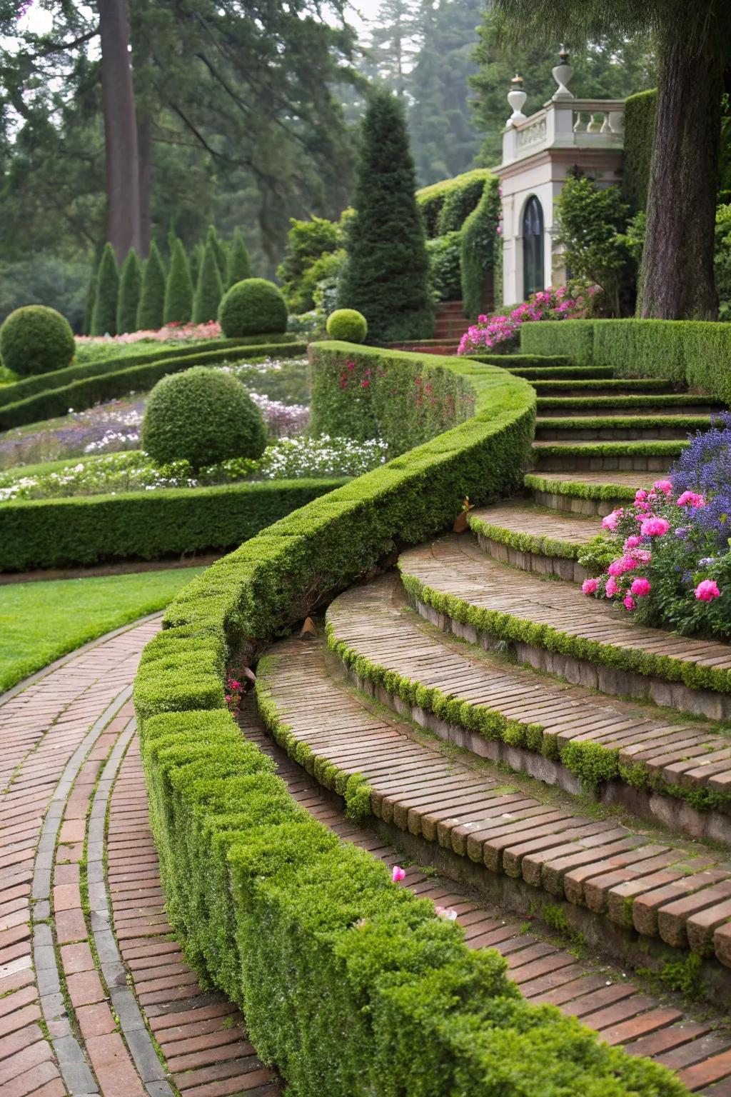 Curved brick steps adding elegance to an outdoor setting.