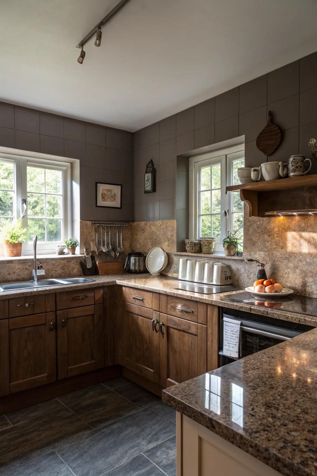 Shadowy gray infuses a modern touch to brunette stone's warmth.