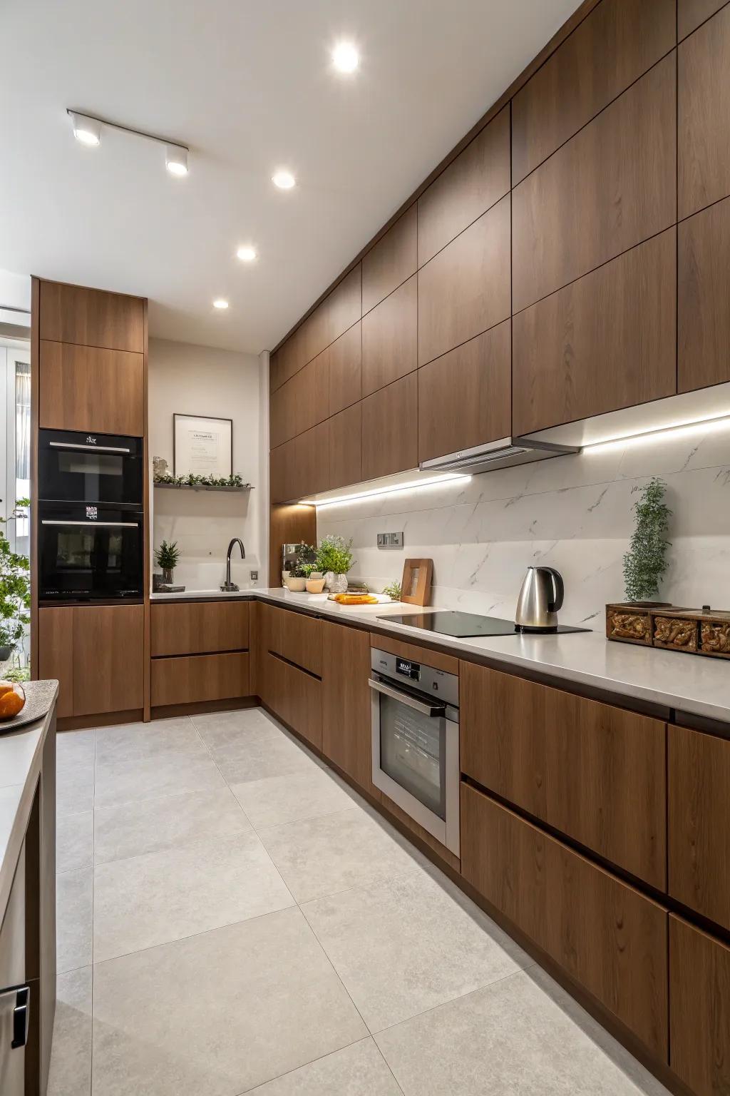 Achieve minimalist grace with smooth surface brown cabinets.