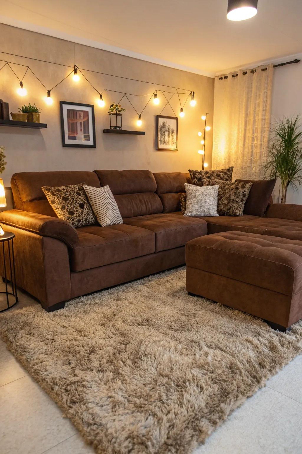 Layering textures enhances the depth of a living room with a brown sectional.