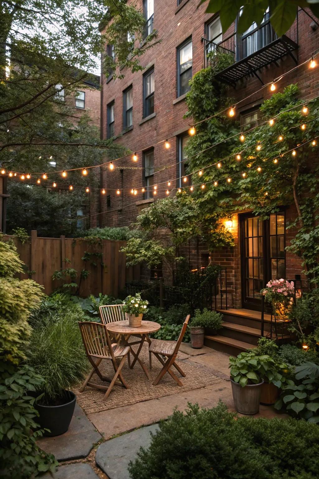 String lights bring a magical sense to this cozy brownstone backyard.