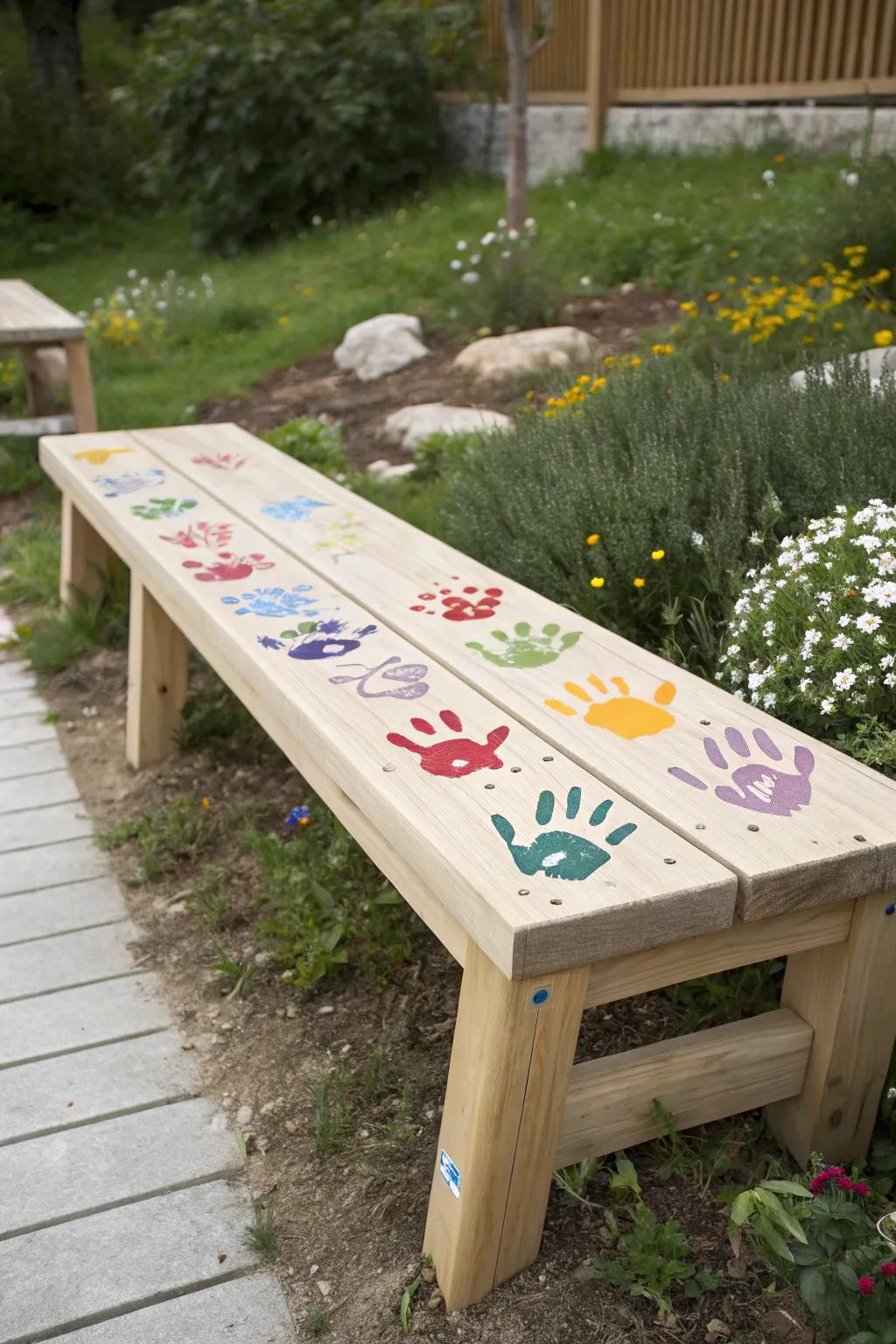 A touch of creativity and community: Transform a simple bench into a canvas of colorful handprints.