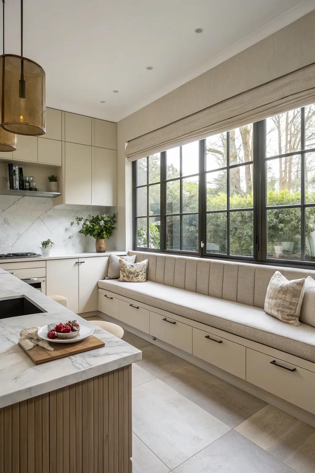 A modern minimalist banquette design, ideal for sleek kitchen aesthetics.