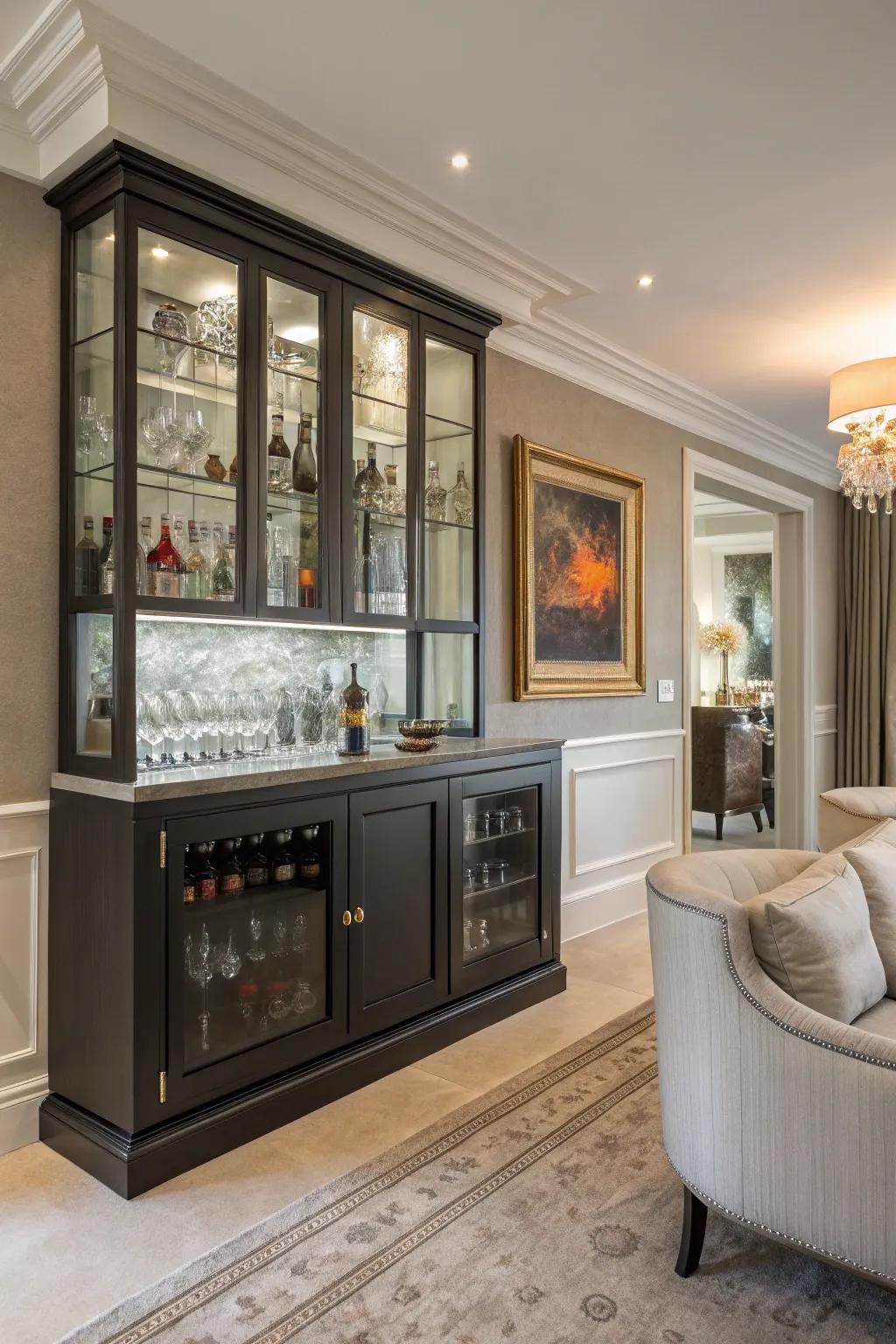 Glass-front cabinets introduce a touch of refinement to your home bar.