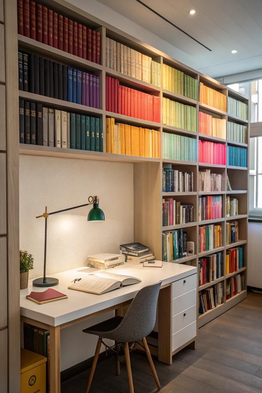 A built-in desk nestled within a stylish library wall.