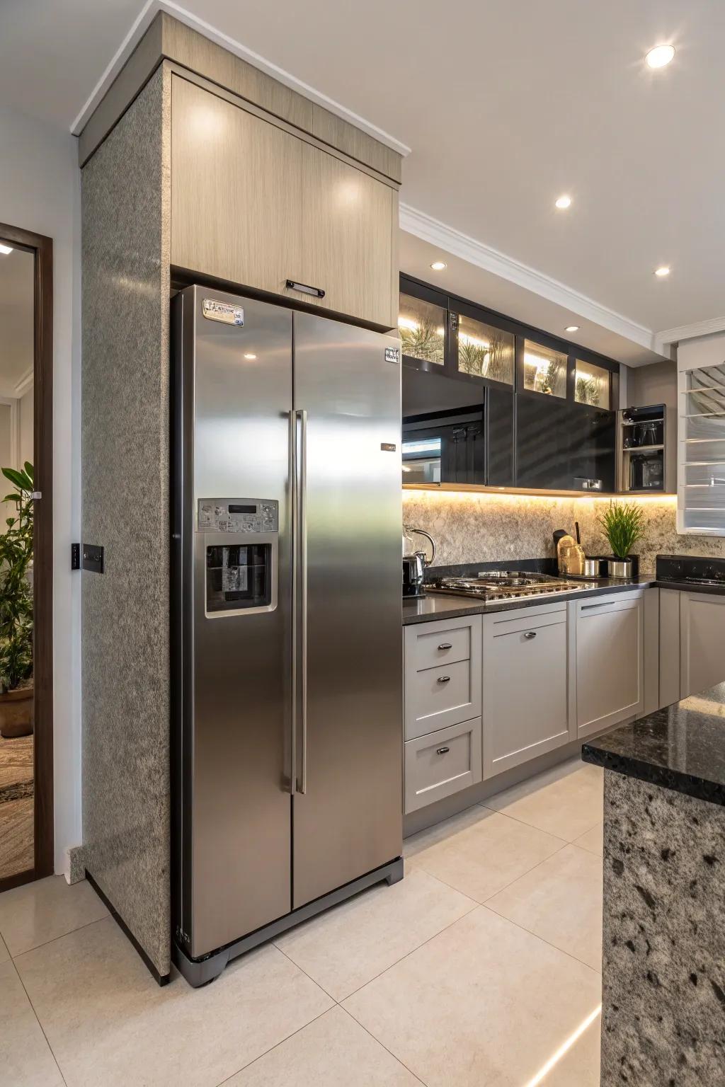 A built-in fridge with a stainless steel finish adds a touch of contemporary elegance.