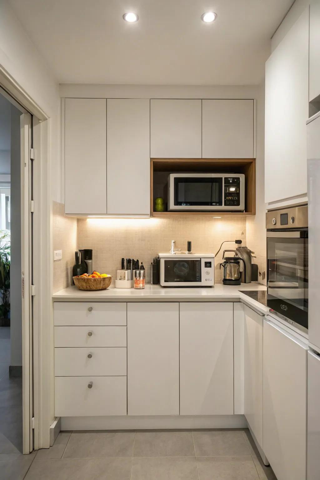 Minimalist kitchen where the microwave is tucked away behind upward-swinging cabinet panels.