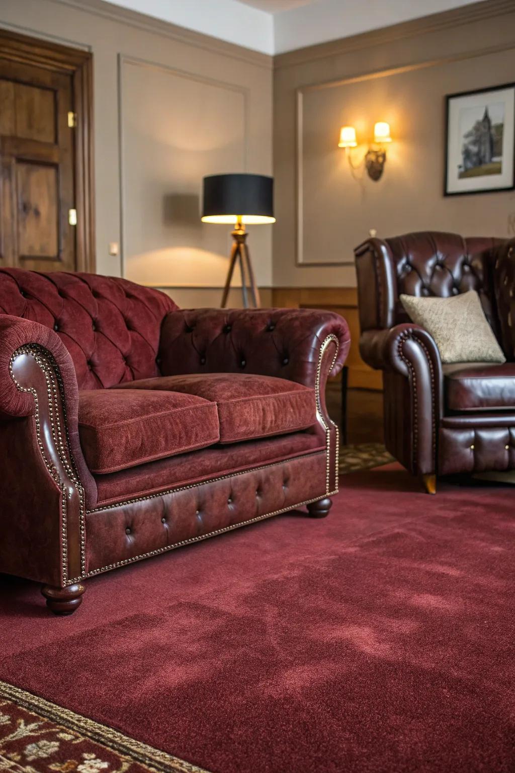 A mixture of textures with soft surface and tanned leather enhances the rich maroon carpet.