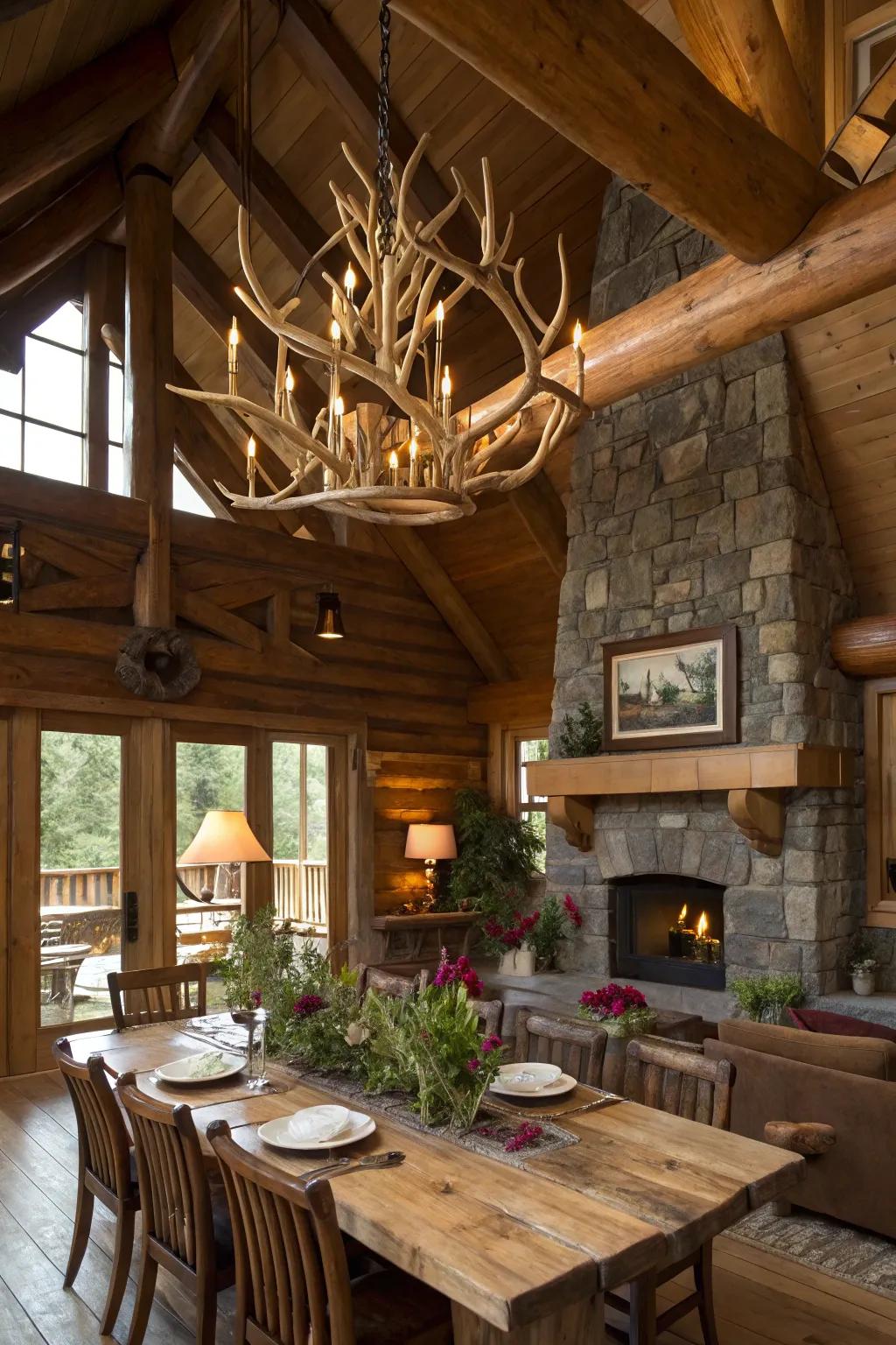 An antler chandelier adds a dramatic and rustic touch to cabin settings.