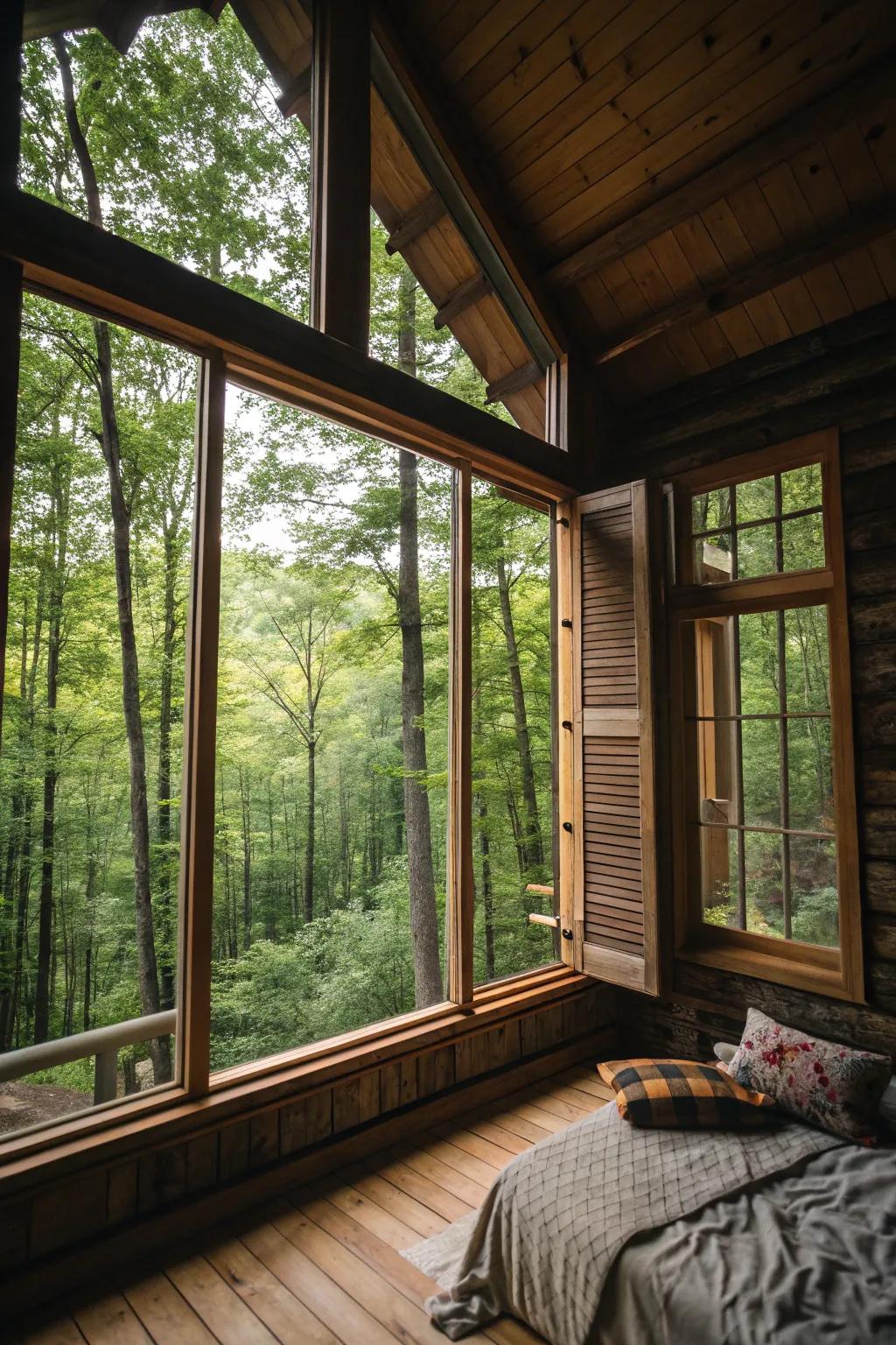 Broad glass that ideally connects the cabin's inside with the encompassing beauty of nature.