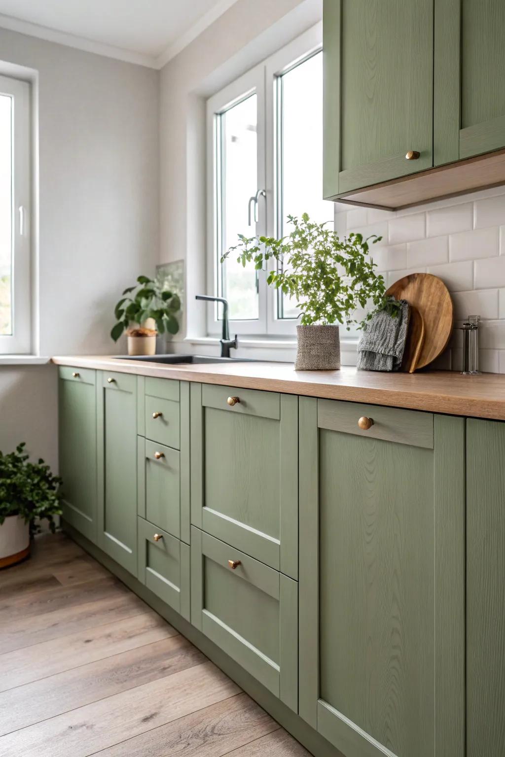 Bring the tranquility of nature into your home with these serene olive green cabinets. 🌿✨ #ScandiBoho #NatureInspired #OliveGreen