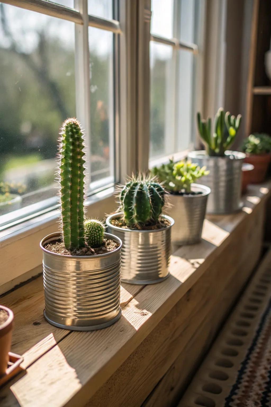 Aged metallic containers inject countryside charm into your cactus exhibition.