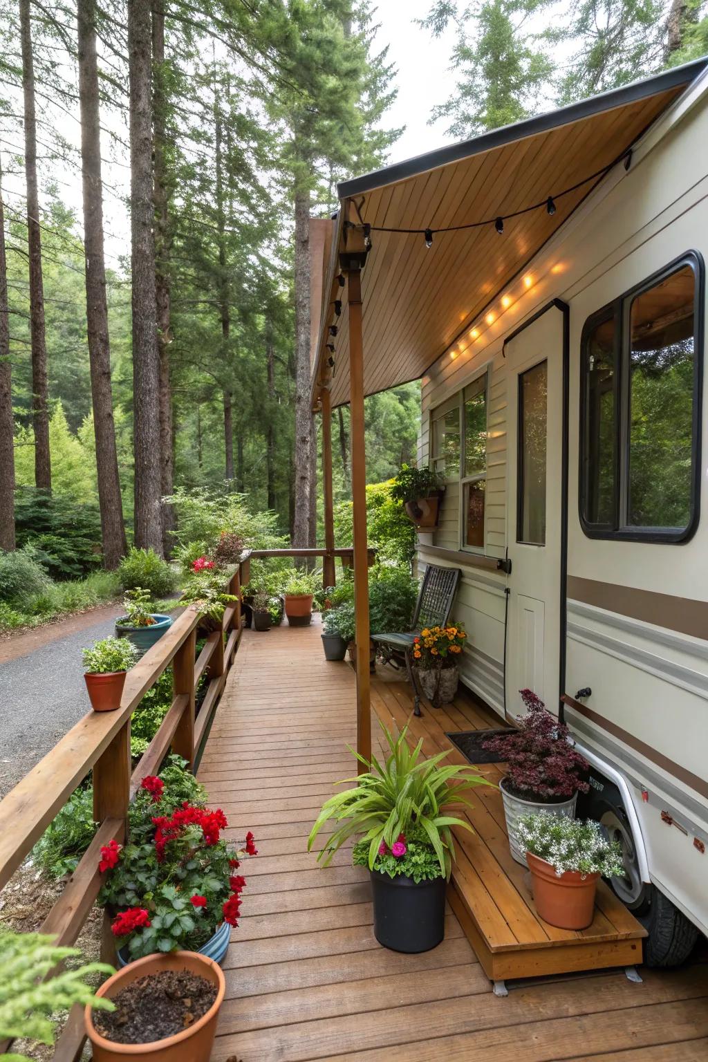 Nature-inspired decor infusing a camper porch with vitality.