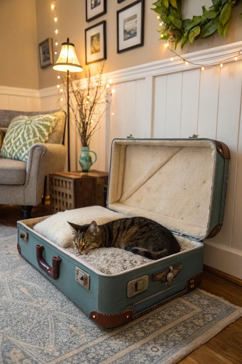 A vintage suitcase transformed into a charming cat hideaway.