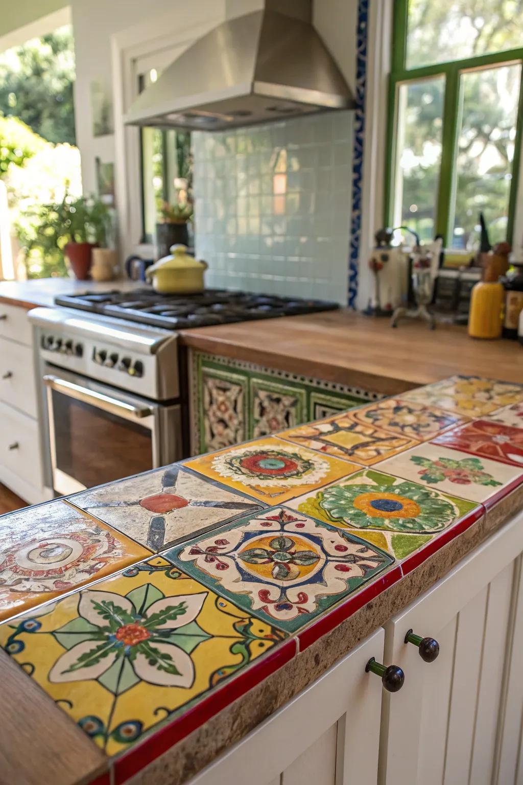 Dynamic ceramic tile countertops with colorful patterns.