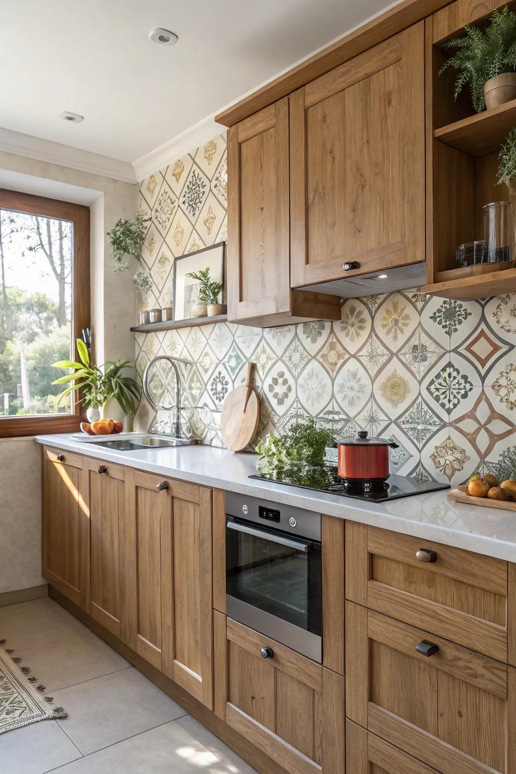 Patterned sections impart a hint of sophistication to a traditional kitchen.