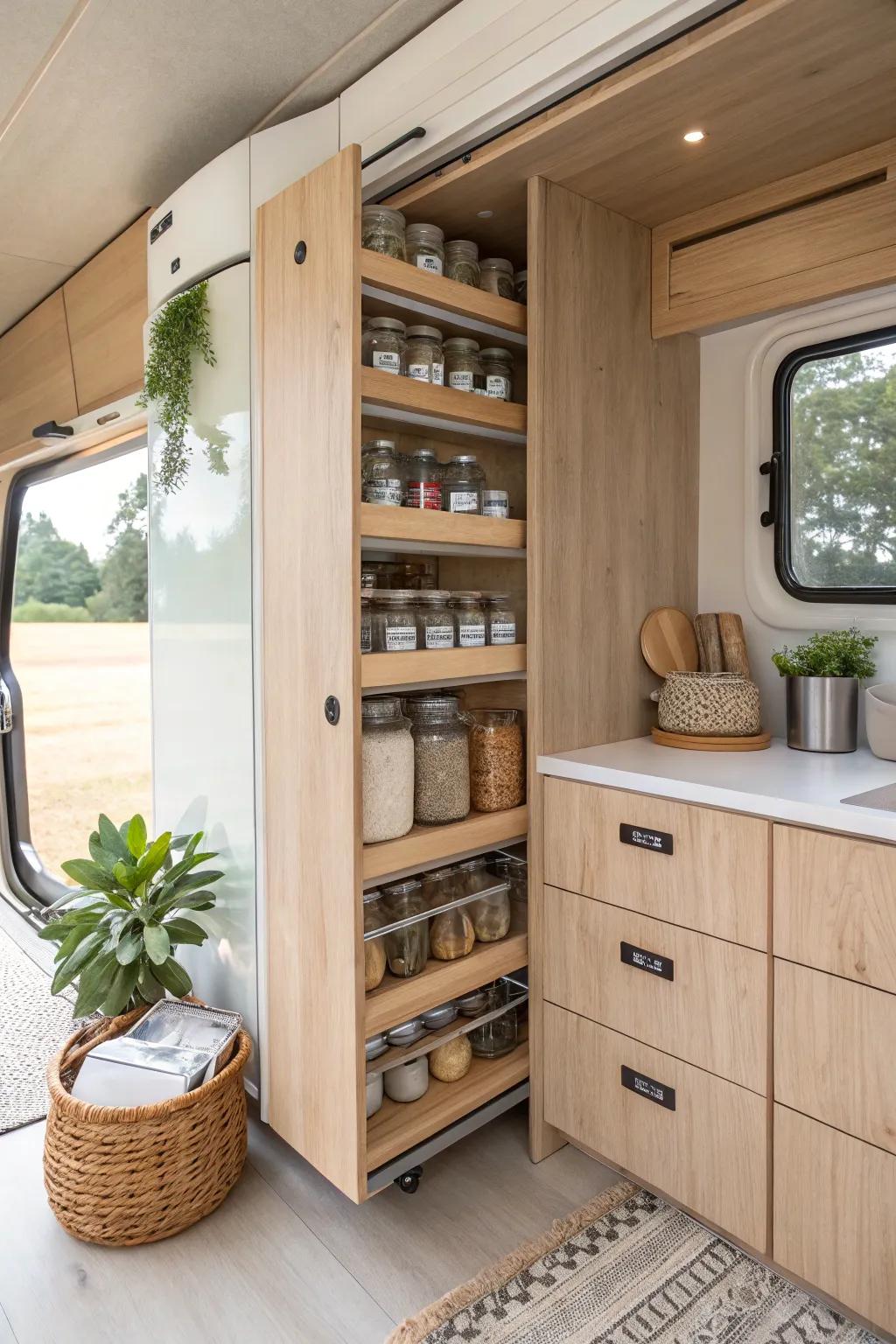 Discover the elegance of minimalism and functionality with this clever campervan slide-out pantry.