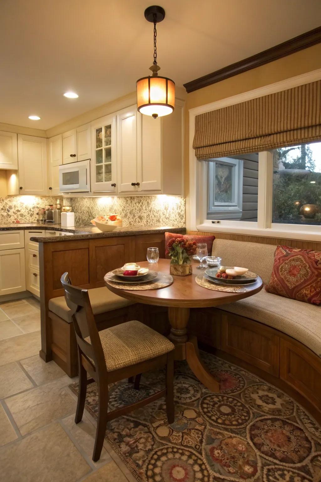 A cozy dining nook that perfectly complements a closed kitchen.