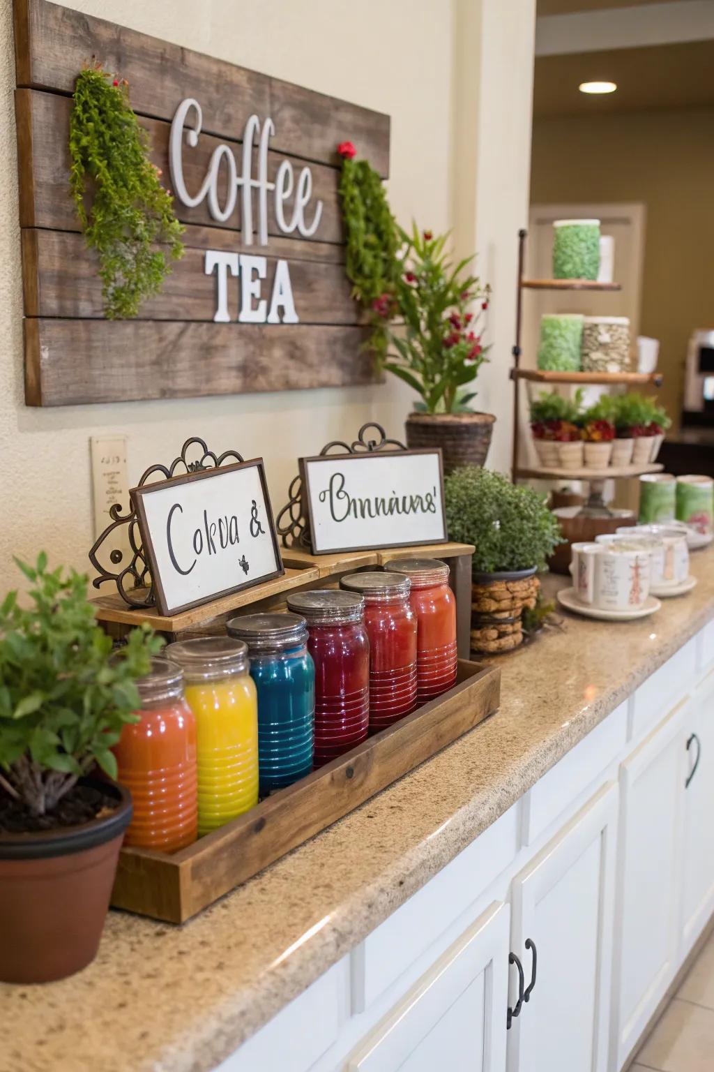 Decorative accents add personality and warmth to your coffee and tea station.