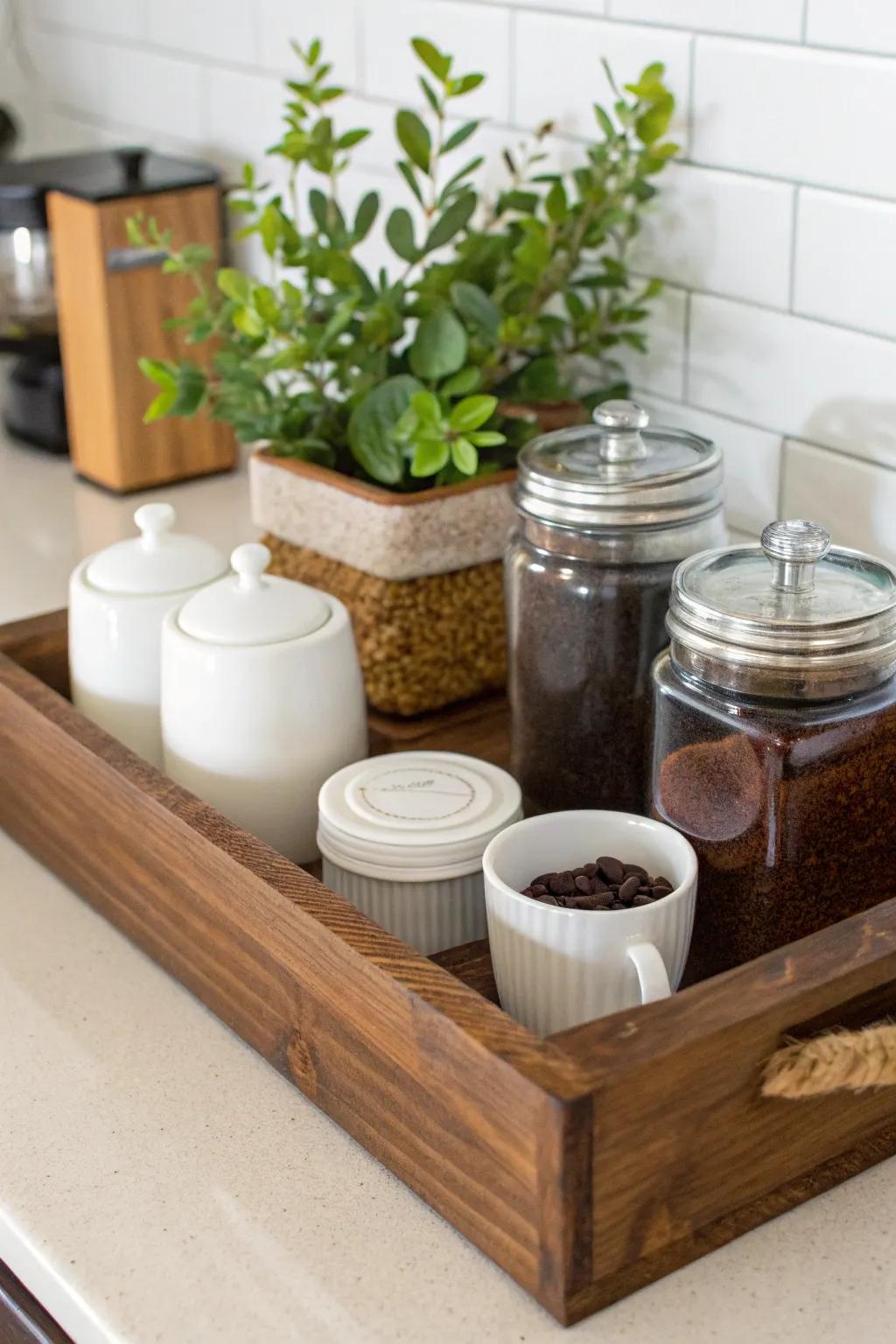 A lumber plate maintains coffee necessities tidily grouped.