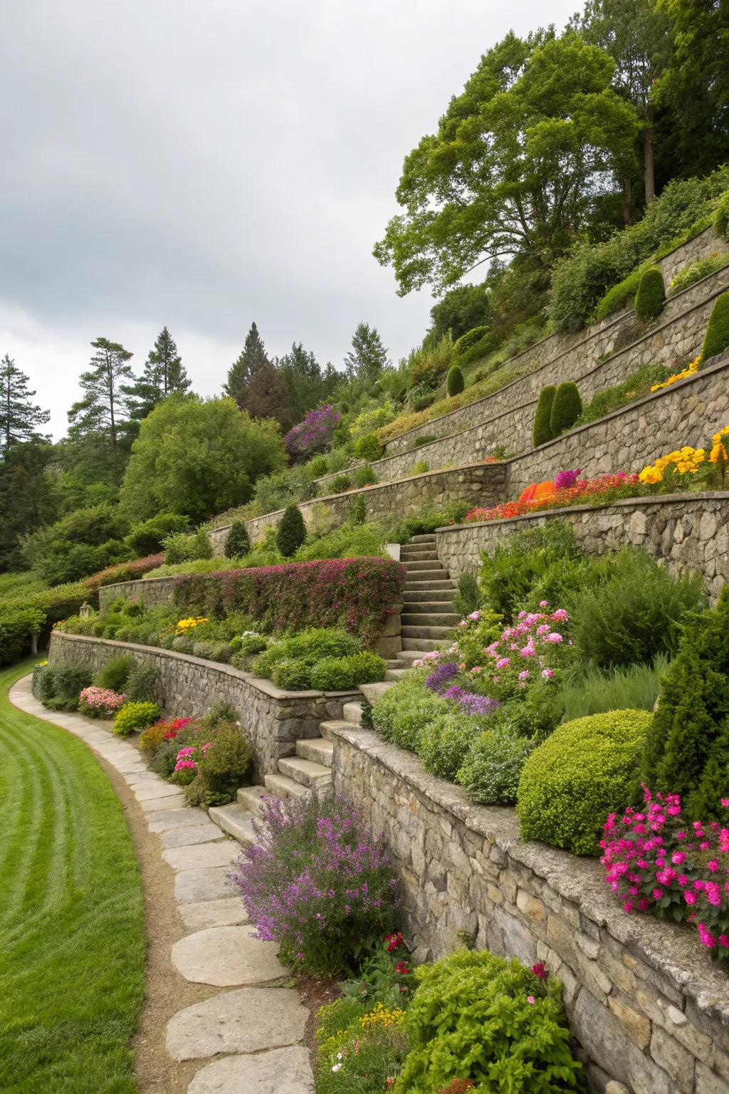 Terraced gardens with stone walls add dimension and beauty to sloped landscapes.