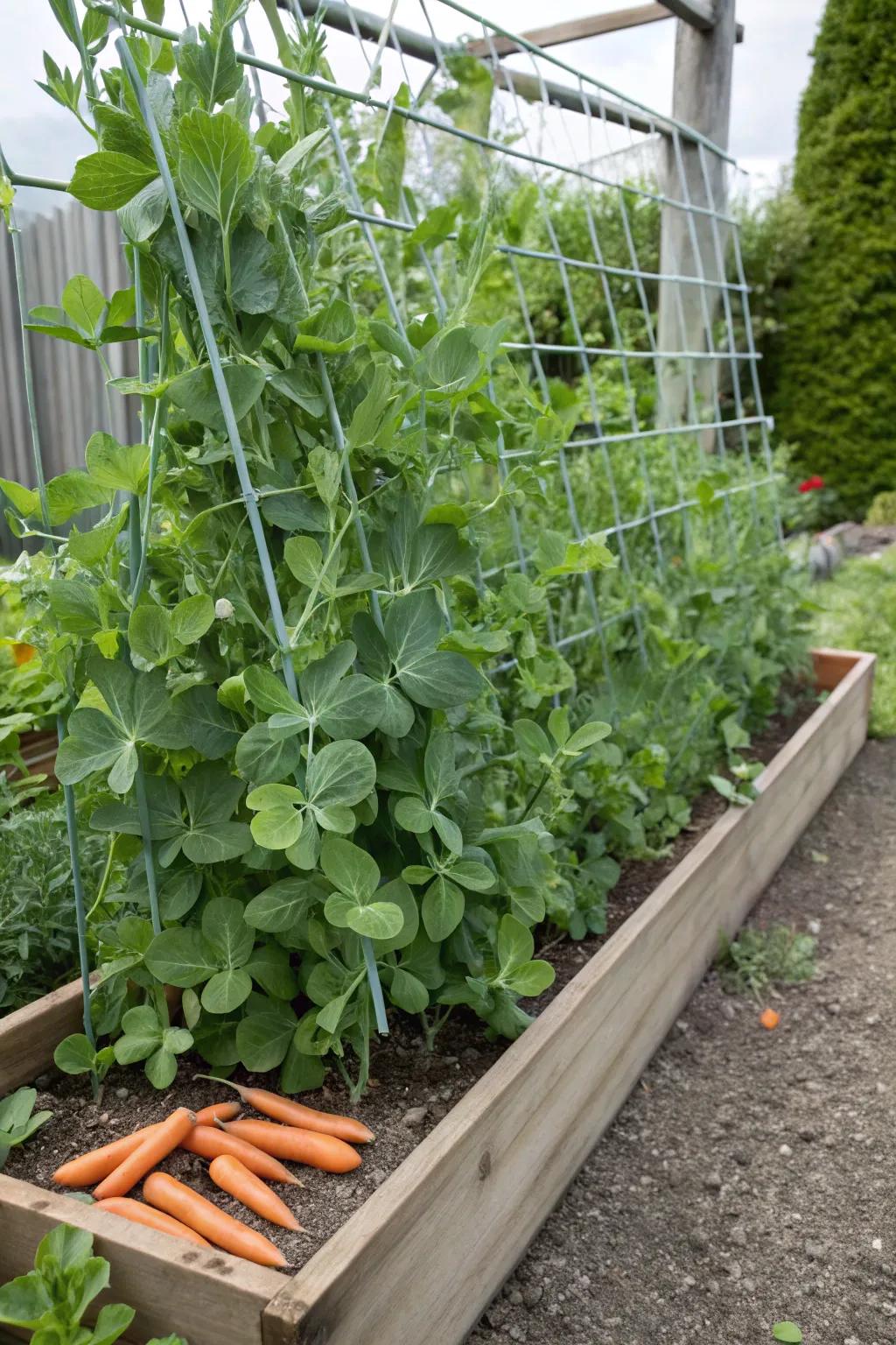 Peas and carrots thrive in harmony, boosting each other's vitality.