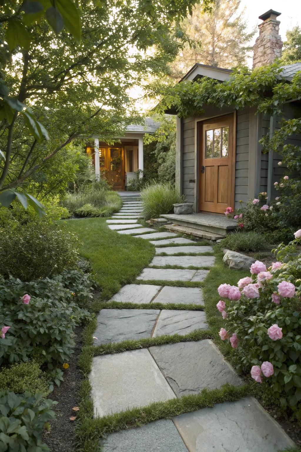 Concrete and stone combinations create a striking entrance.