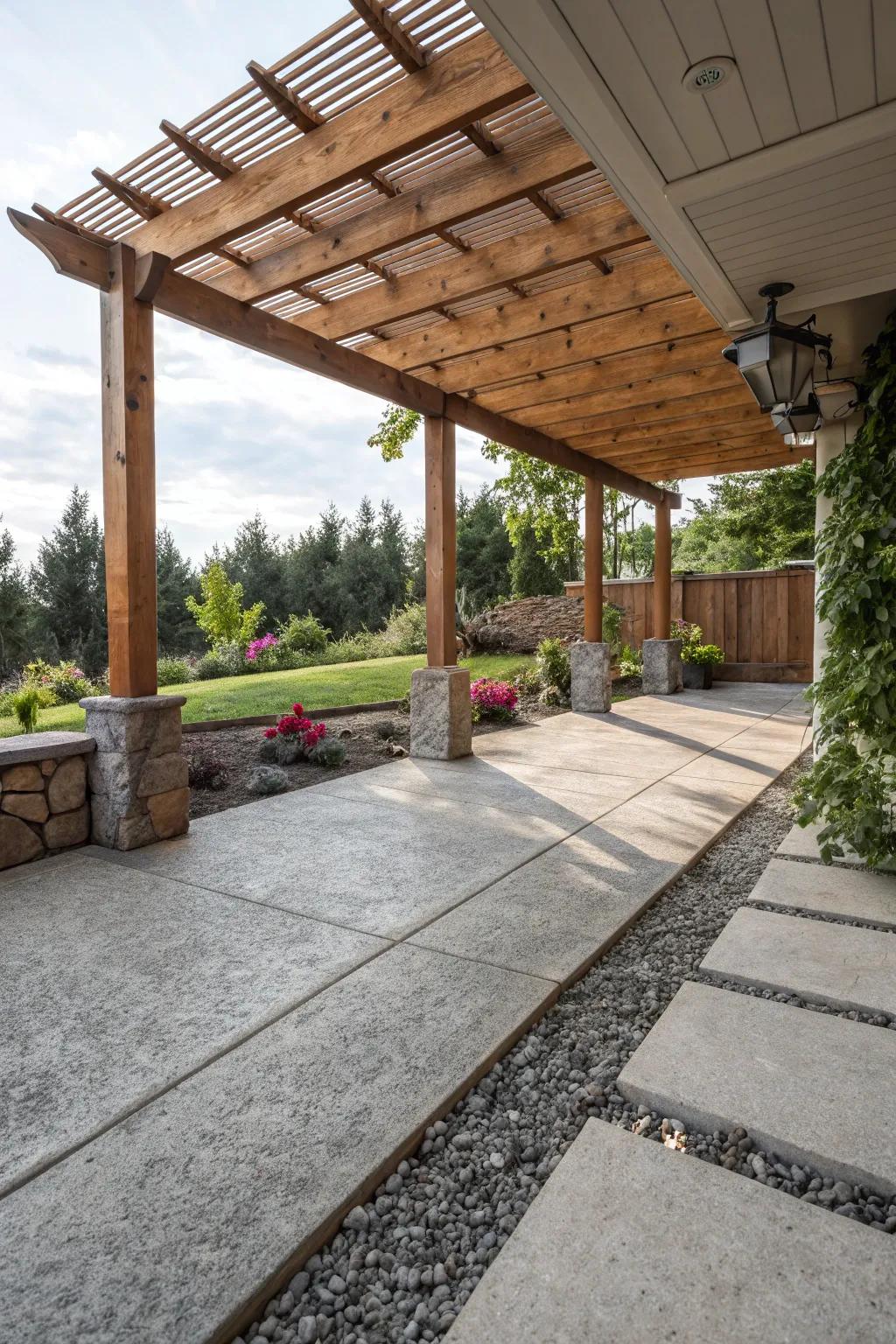 A concrete patio featuring a wooden pergola and a mix of natural textures.