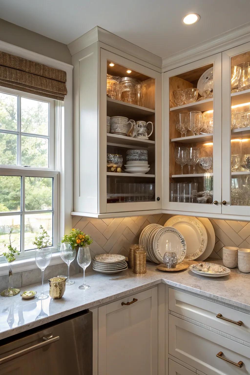 Angled cabinets create a harmonious flow while showcasing beautiful items.