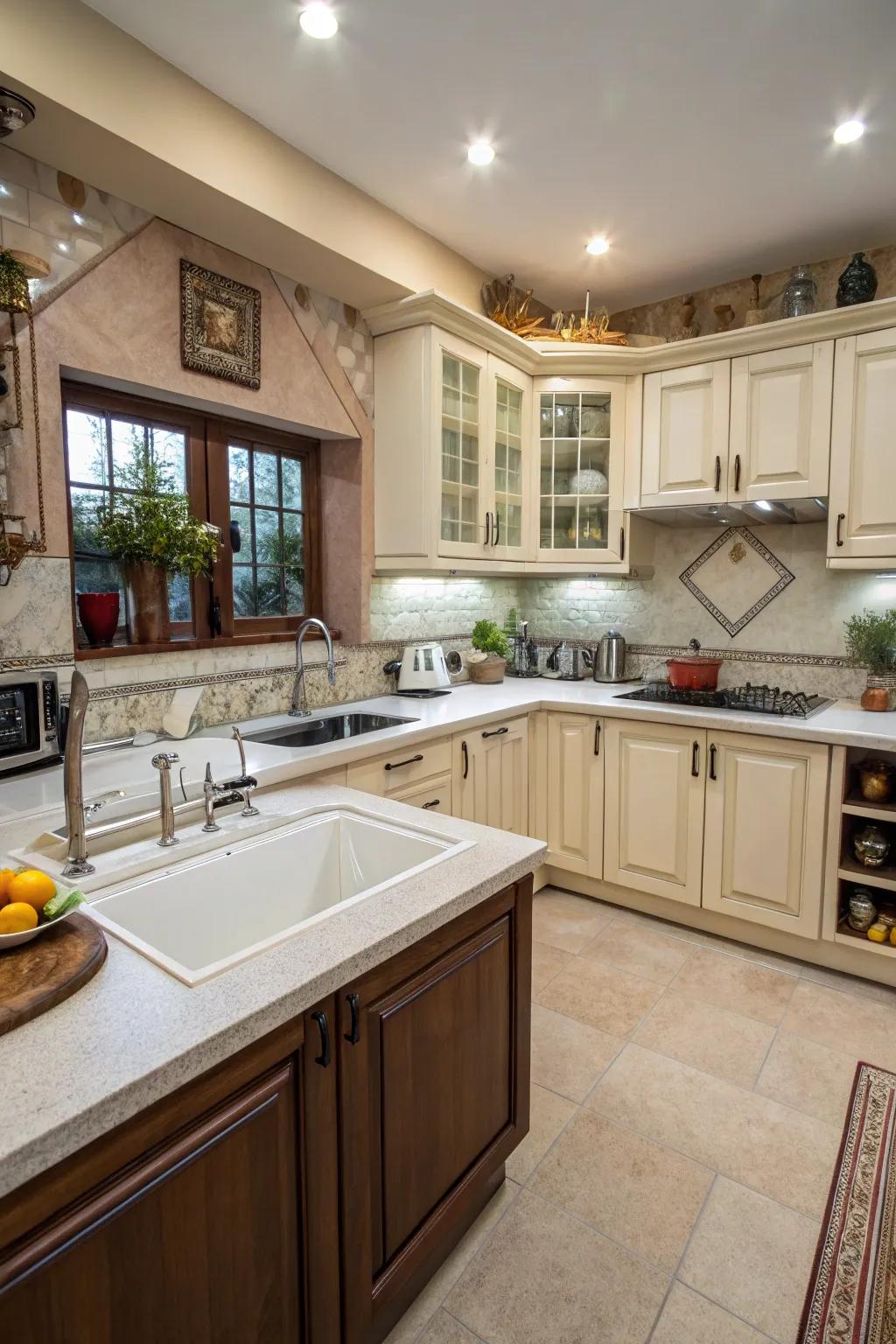 A diagonal corner sink design that provides extended countertop space for seamless kitchen activities.