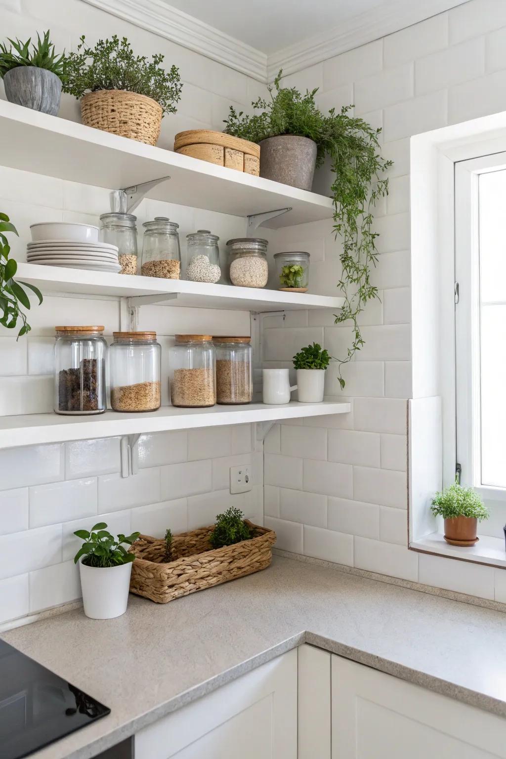 Minimalist decor on open shelves keeps the kitchen uncluttered.