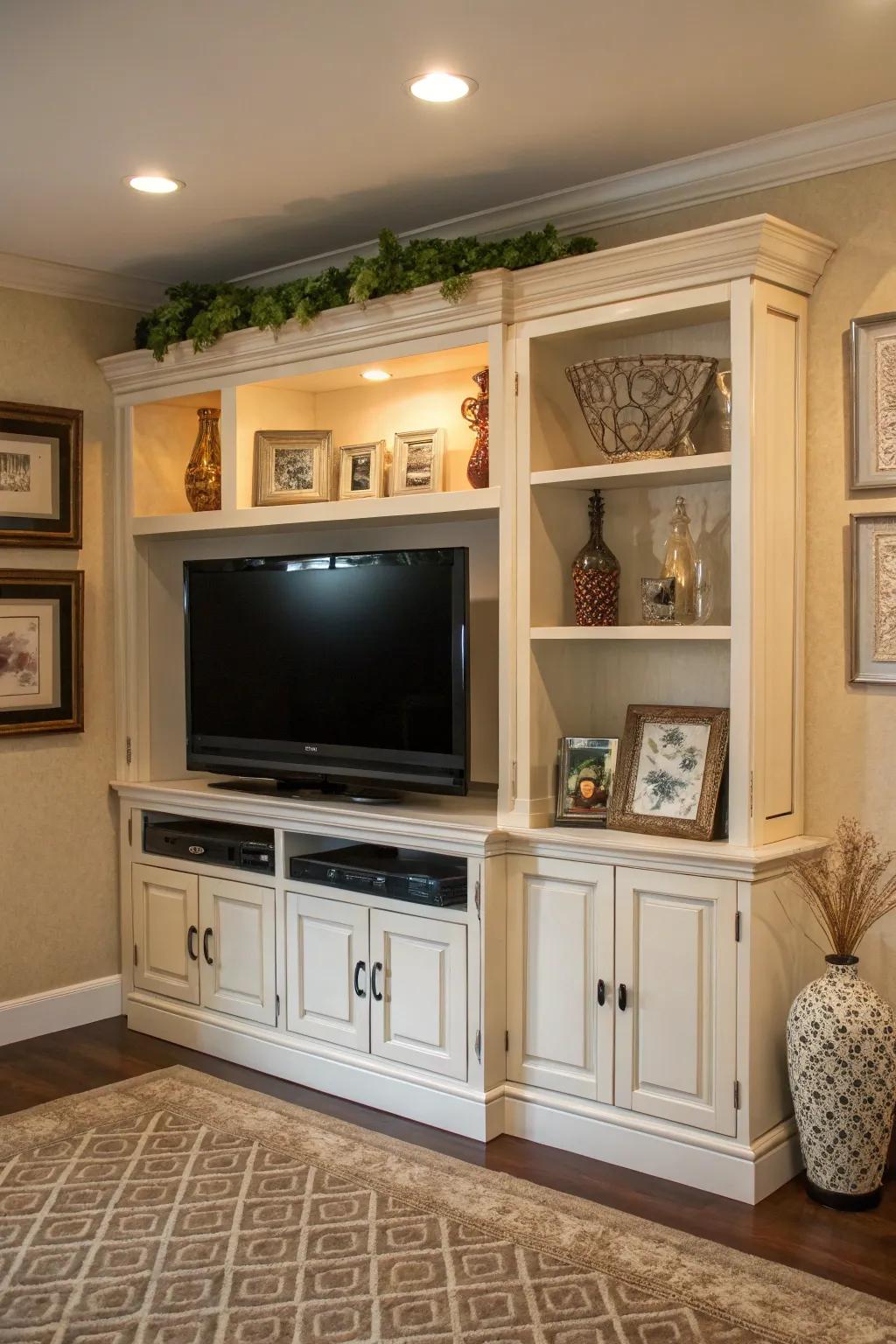 A media hub that turns a corner into a multipurpose media area.