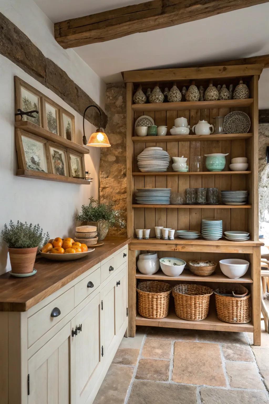 Exposed shelves display exquisite tableware in a countryside cooking area.