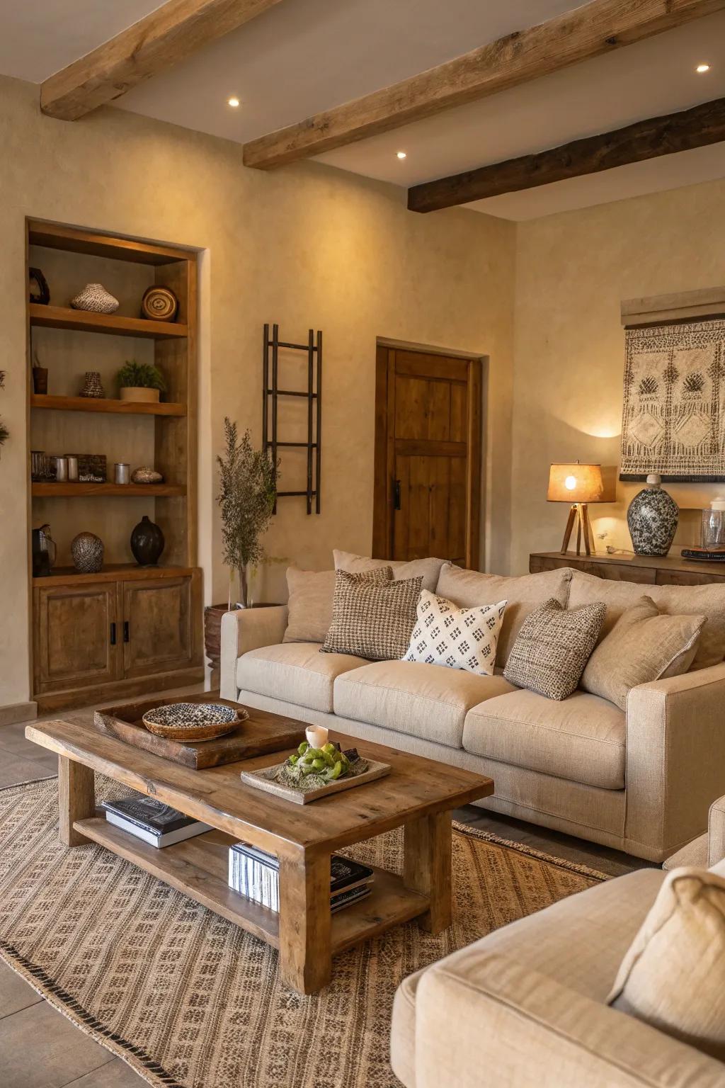 Earthy tones create a calming atmosphere in the living room.