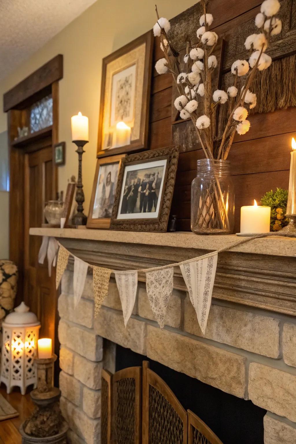 Vintage charm with mason jars and cotton stems.