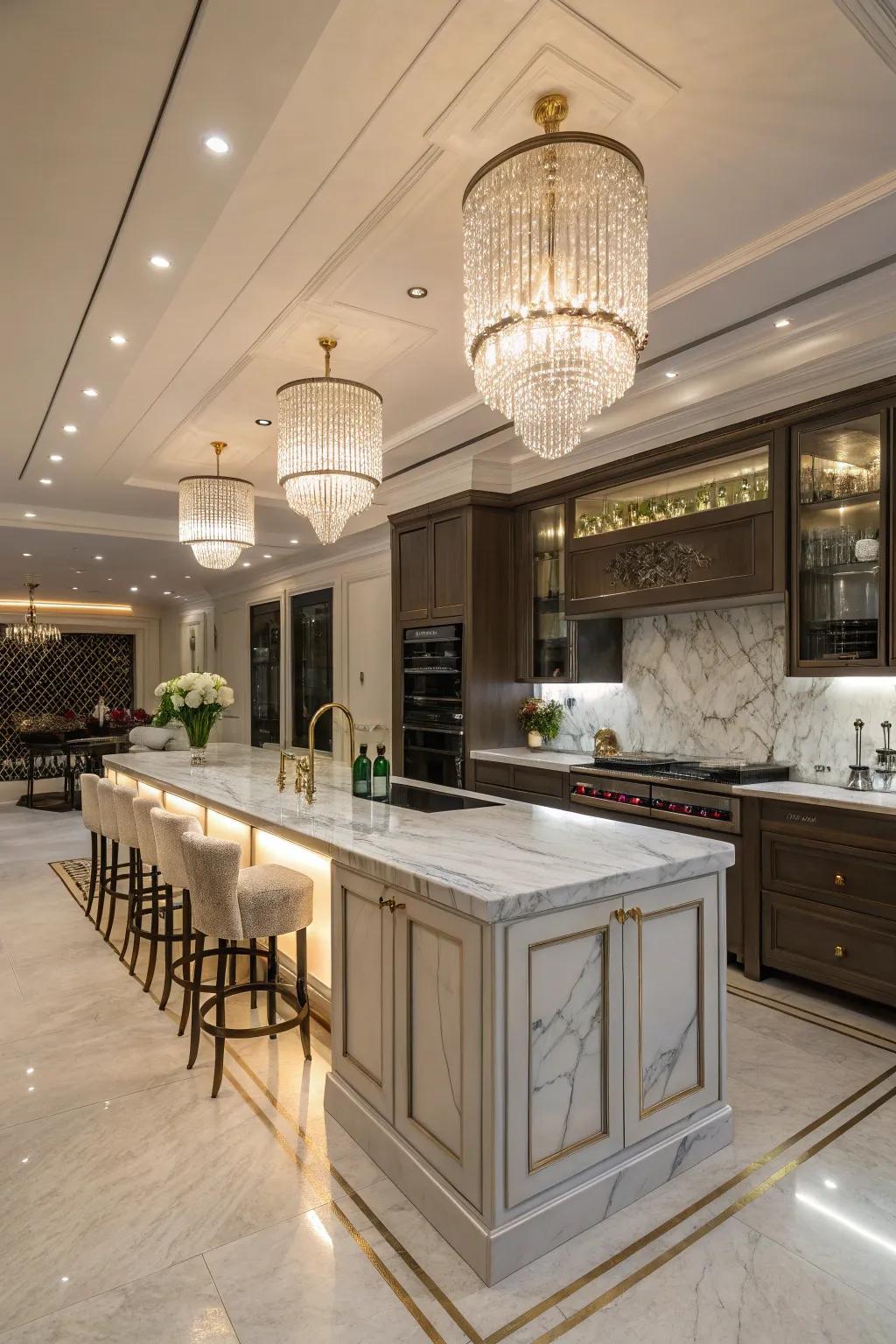 A luxurious kitchen featuring a marble countertop bar.