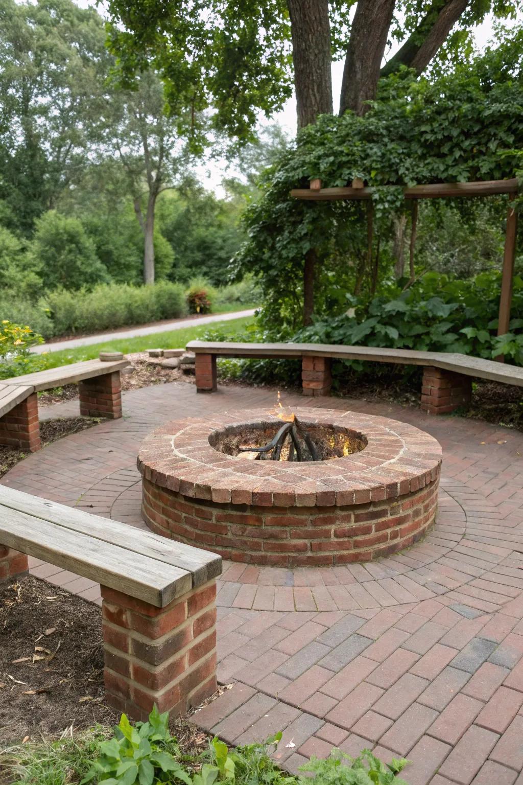 Bricks and wood harmoniously unite, sculpting an alluring, countryside fire pit.