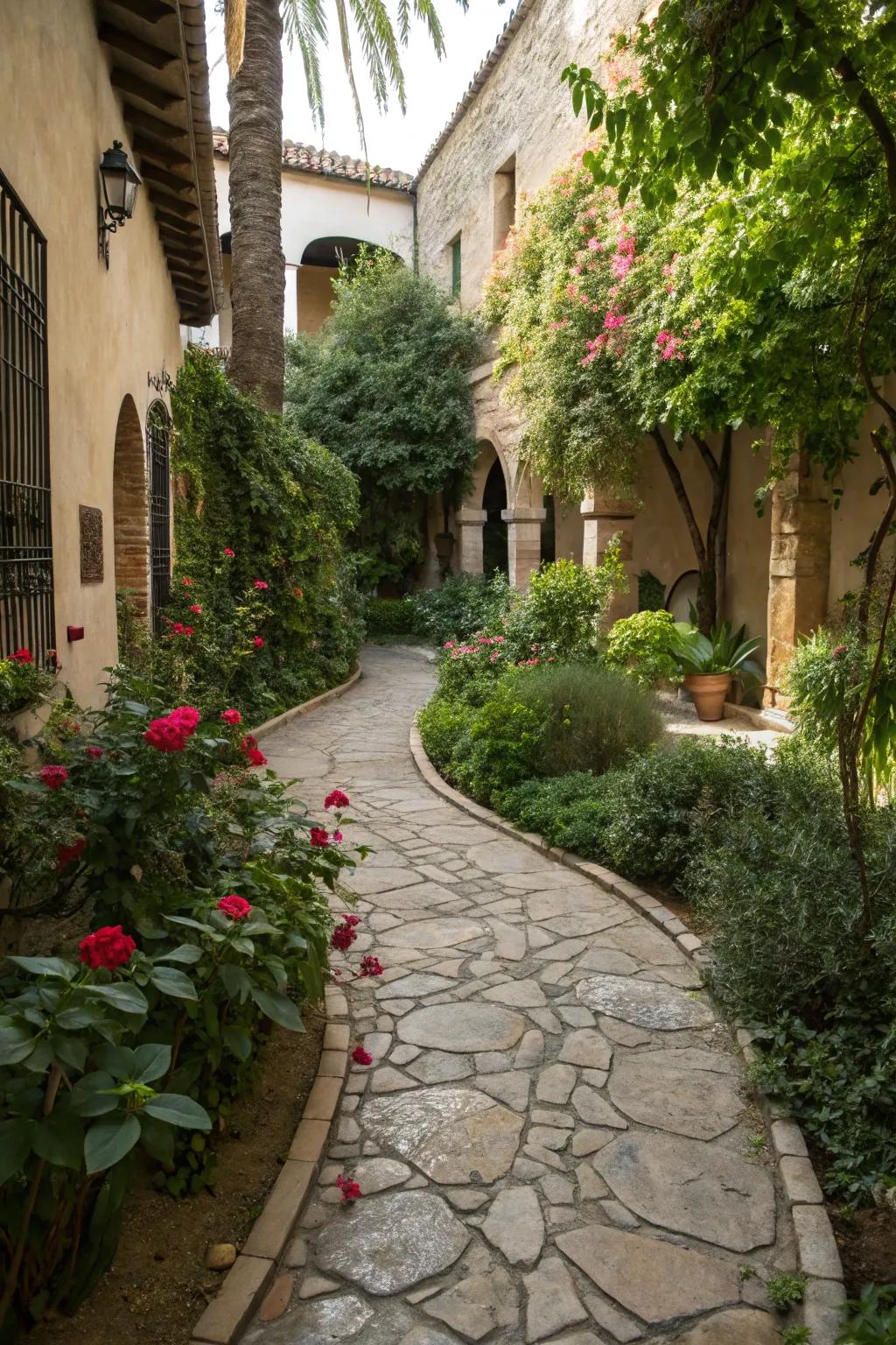 A charming stone pathway adds allure to any courtyard setting.