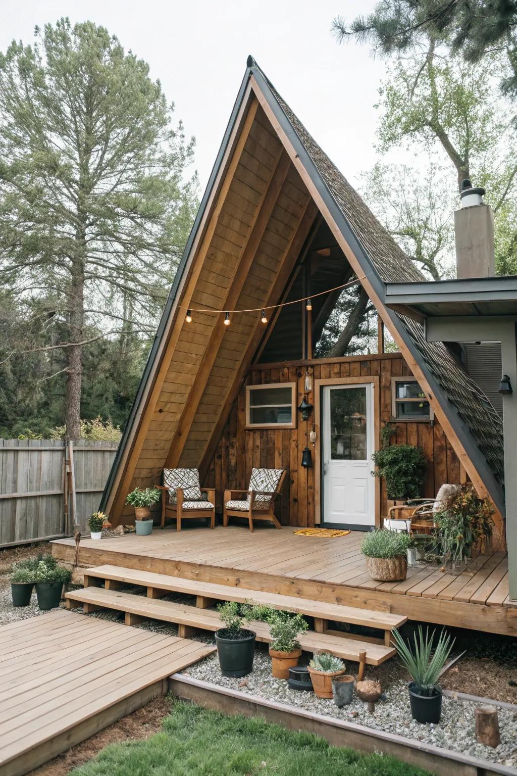 An A-frame design crafts a rustic sanctuary feel, ideal for nature enthusiasts.