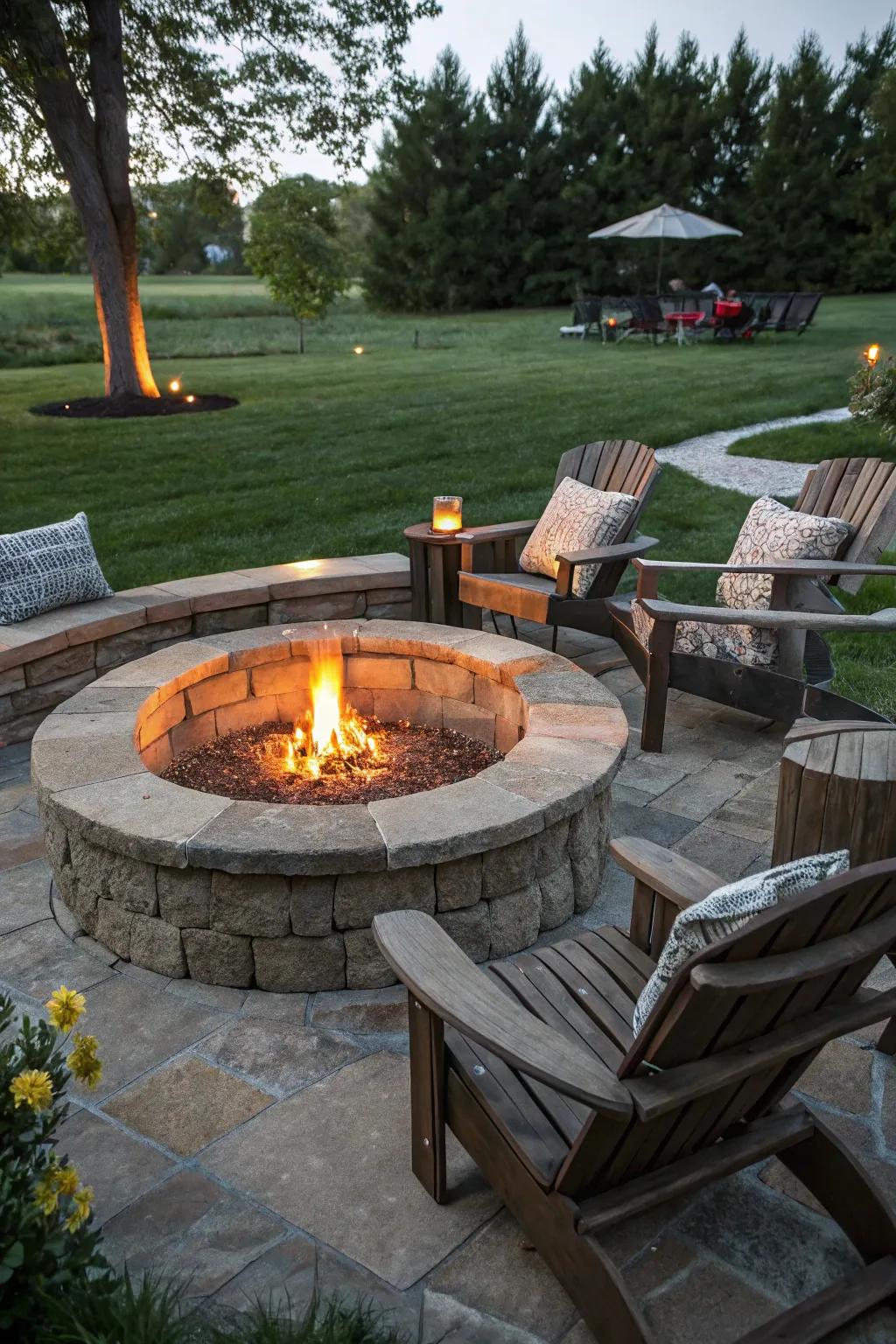 A fire pit serves as a cozy gathering spot.