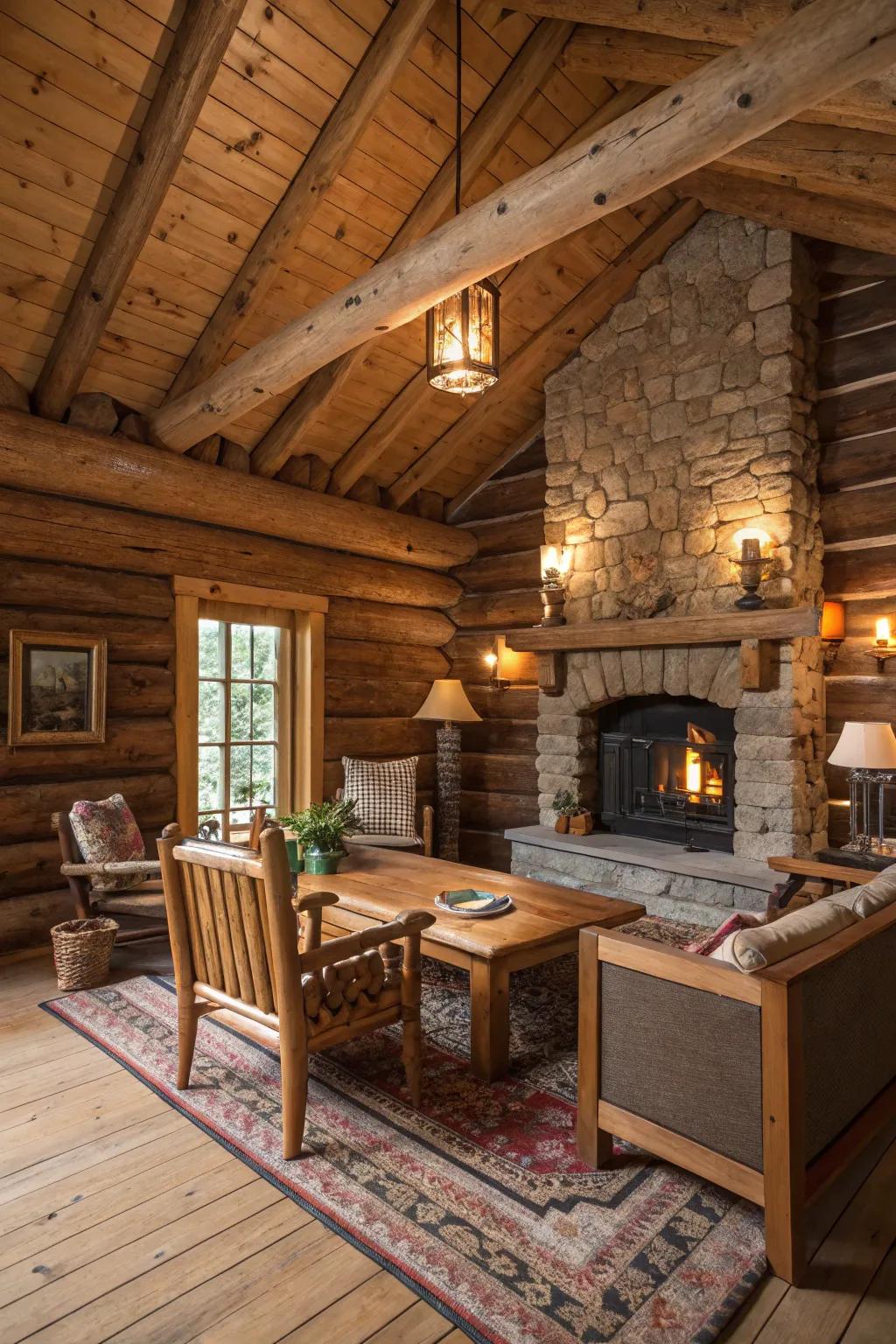 Natural wood elements like beams and log walls enrich the cozy atmosphere.